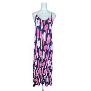 Mary Square Abstract Maxi Dress Small Criss Cross Back Pink Navy Summer